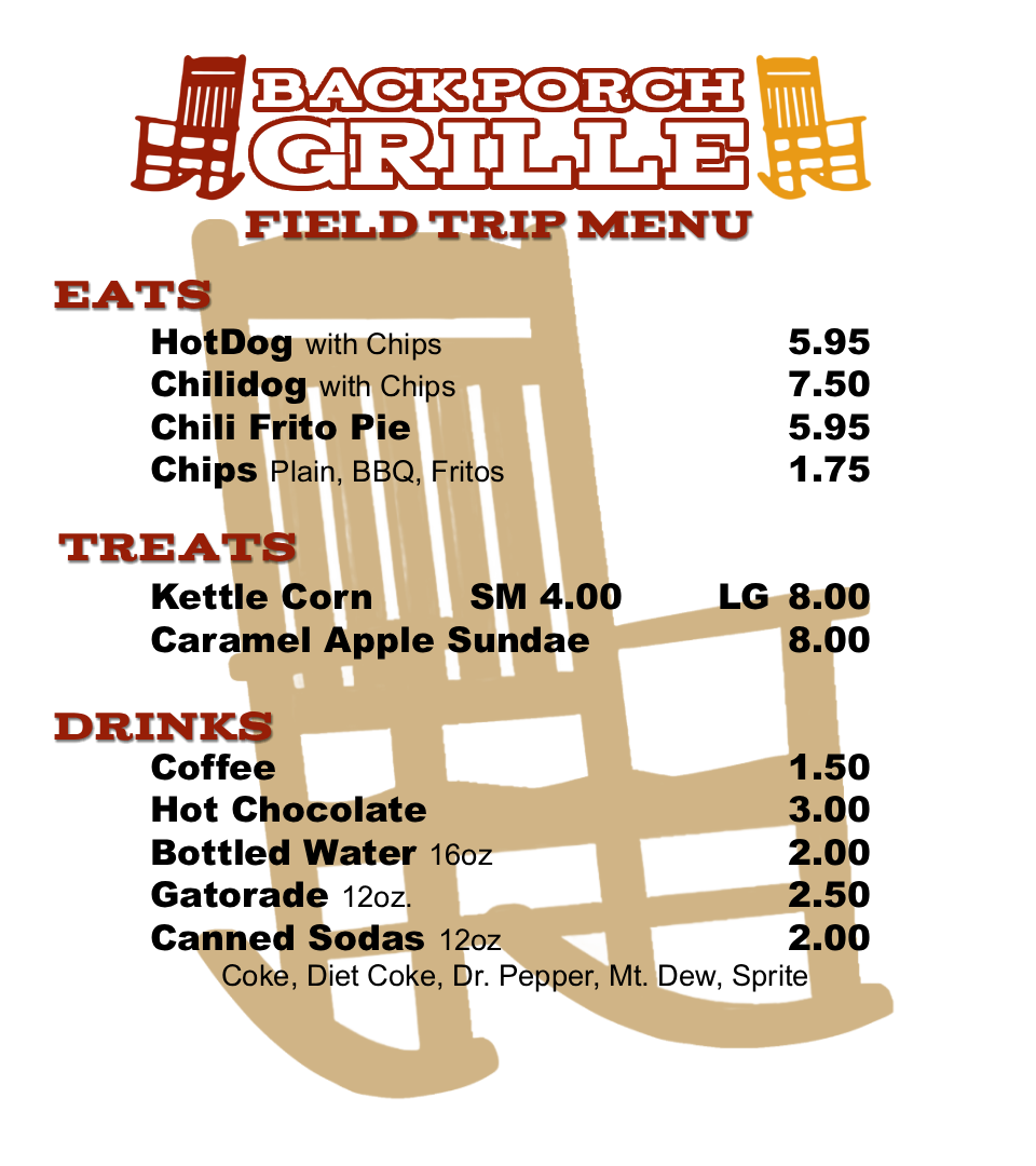 Back Porch Gille Menu - field trips