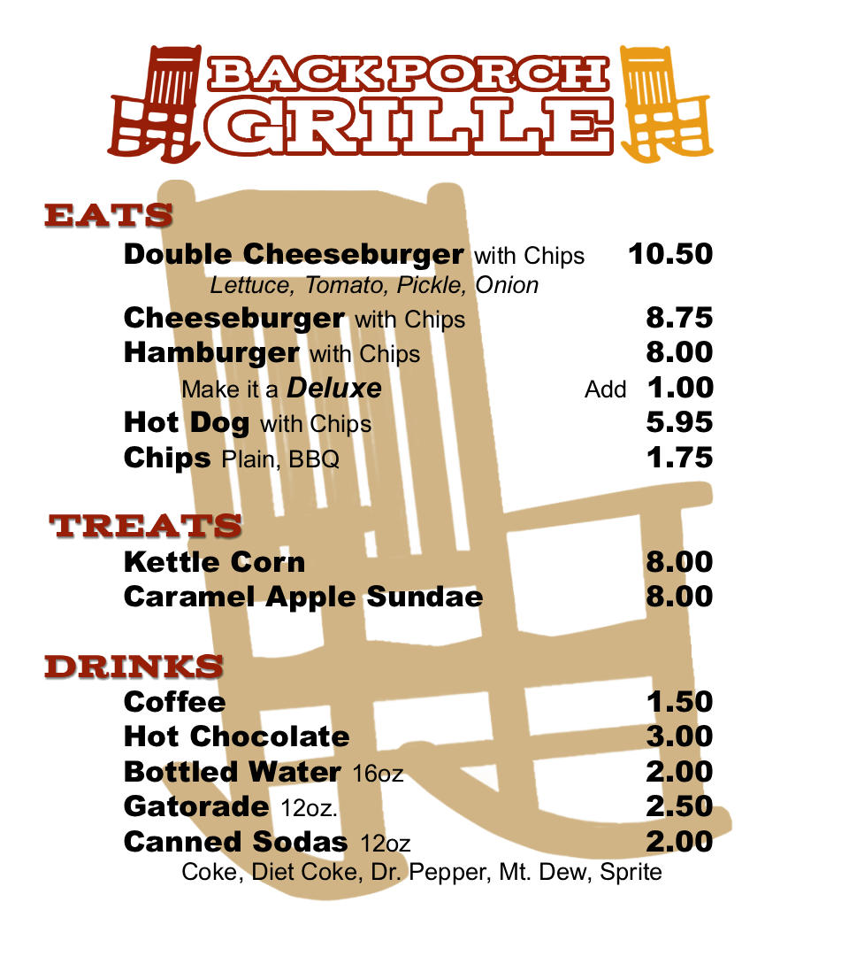 Back Porch Gille Menu - weekends